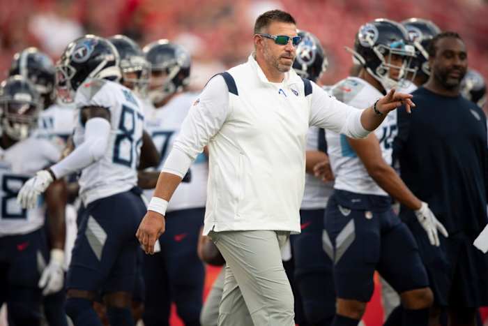 Tennessee Titans head coach Mike Vrabel walks the sideline during an NFL preseason game against the Tampa Bay Buccaneers at Raymond James Stadium Saturday, Aug. 21, 2021 in Tampa, Fla.